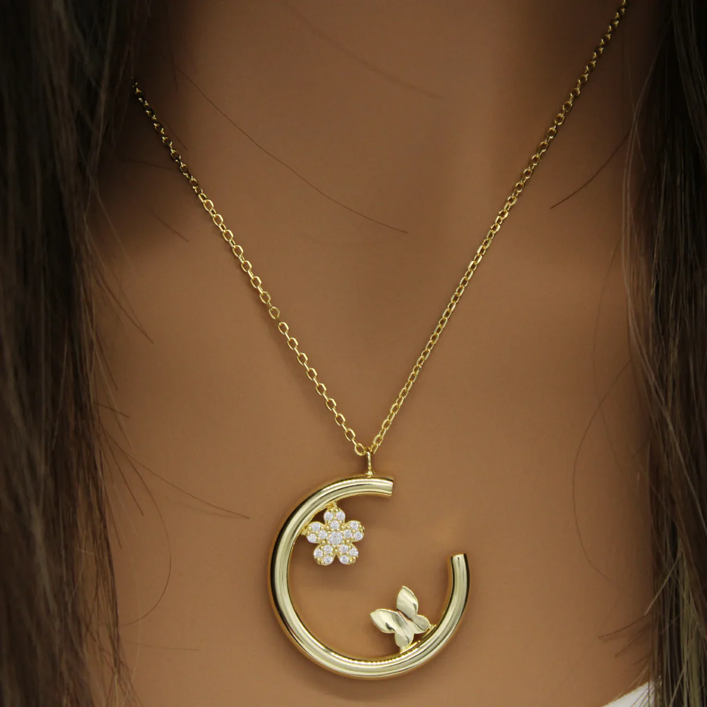Crescent Blossom Butterfly Necklace