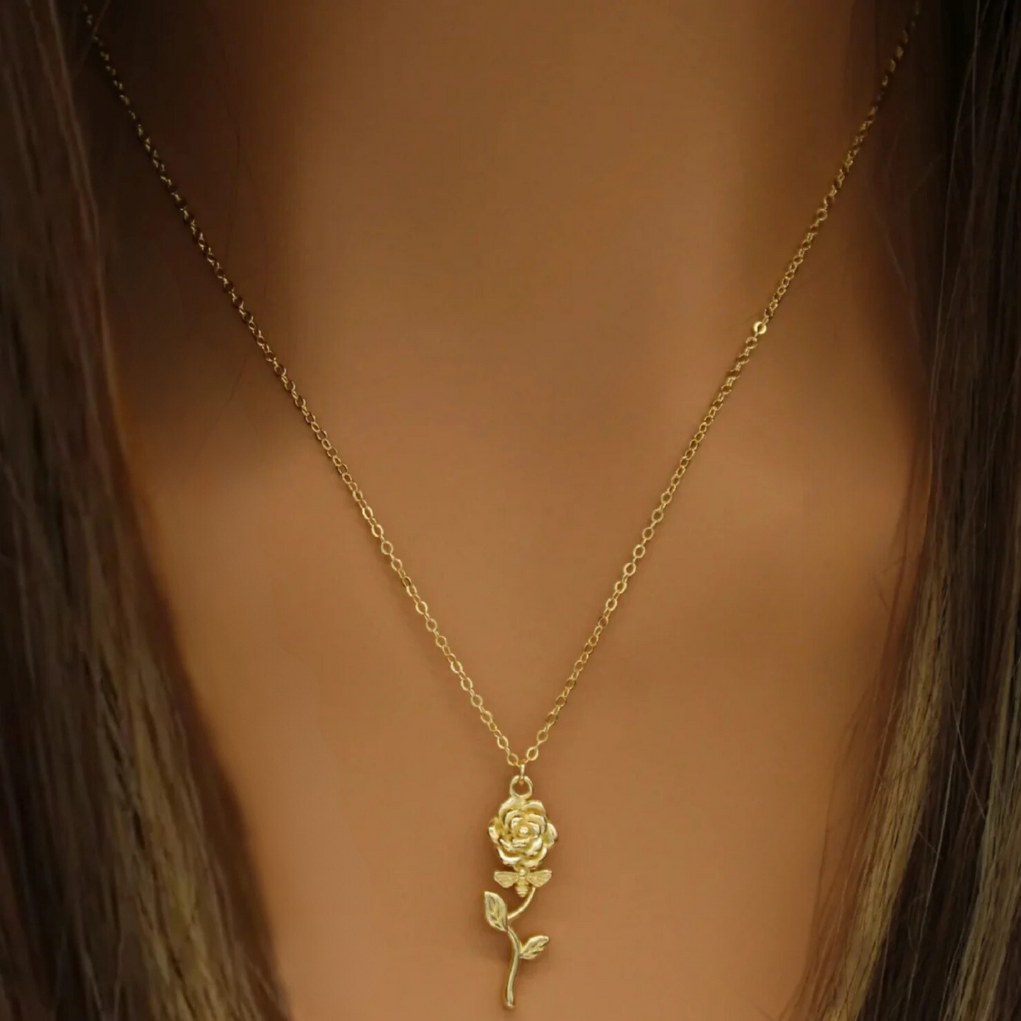 Golden Rose & Bee Necklace