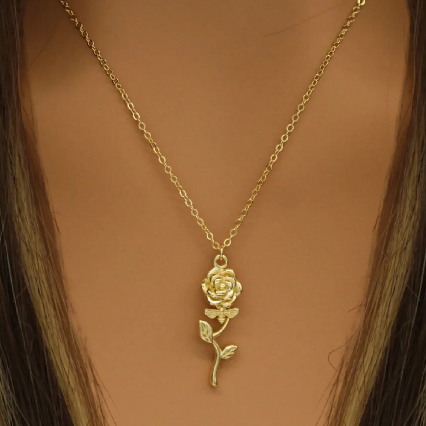 Golden Rose & Bee Necklace